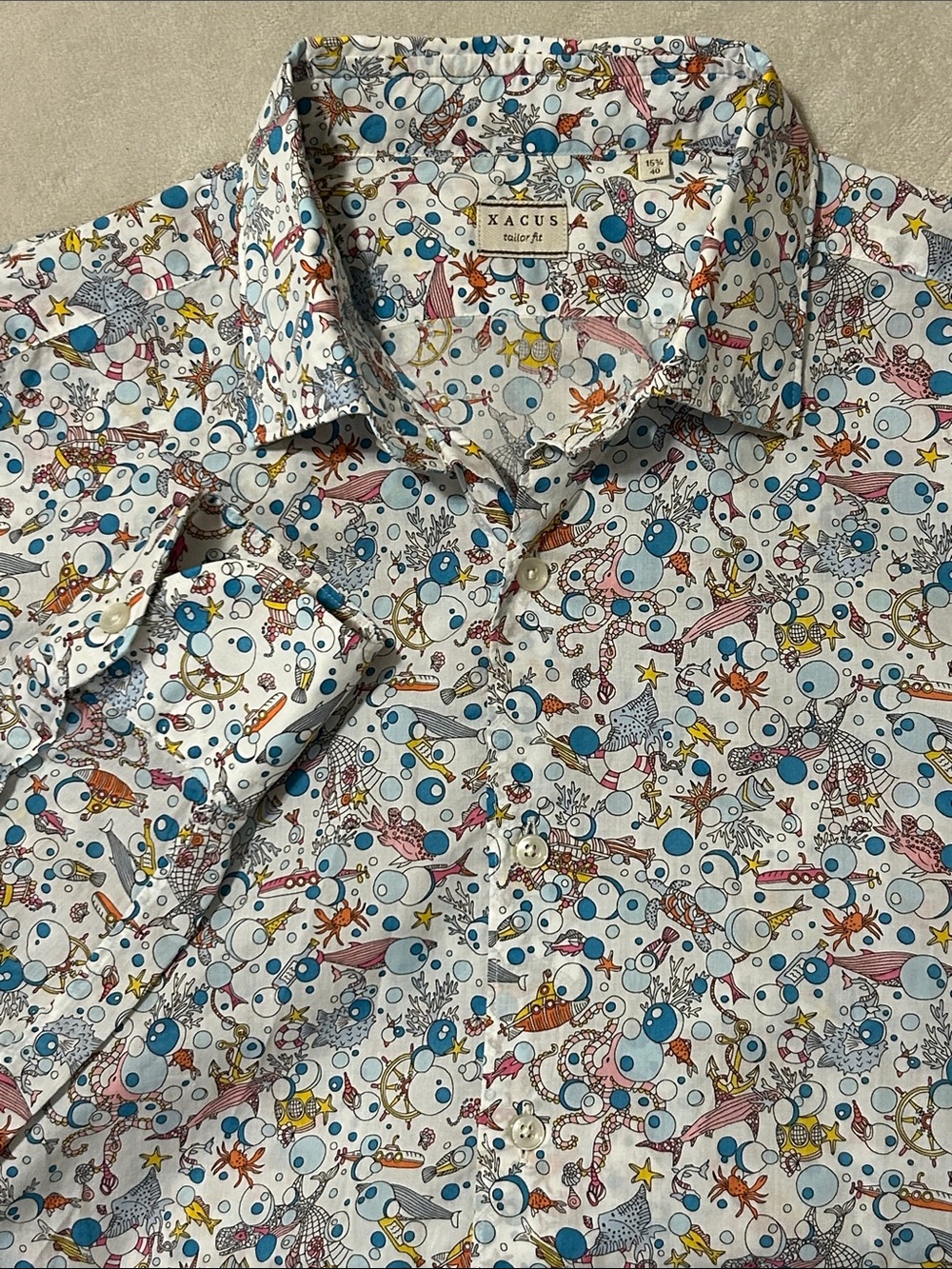 Xacus Tailor Fit Shirt Men 15.3/4 40 Cotton Long Sleeve Ocean Marine Print Italy